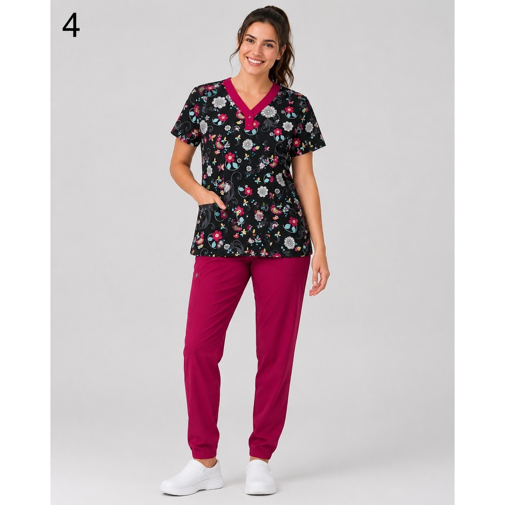 UA Scrubs Medical Scrub Top Womens Small Black Floral Bird Boho Print Pockets